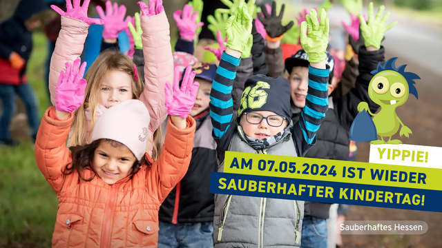  Kinder halten Hände in Gummihandschuhen in die Luft.

Text: Yippie! Am 07.05.2024 ist wieder Sauberhafter Kindertag! #SauberhaftesHessen